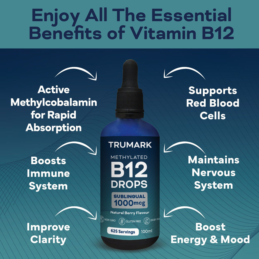Methylated Vitamin B12 Drops 1000mcg, Sublingual B12 Liquid, Supports Energy, Nervous System & Red Blood Cell Health, Delicious Berry, 625 Servings / 100ml