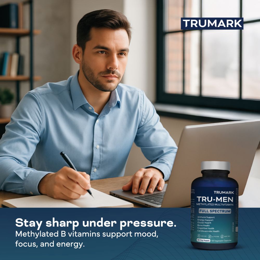 TRU-MEN Methylated Multivitamin for Men, High Potency, Daily Energy, Heart, Cognitive, Immune Support, 120 Capsules, 60 Day Supply