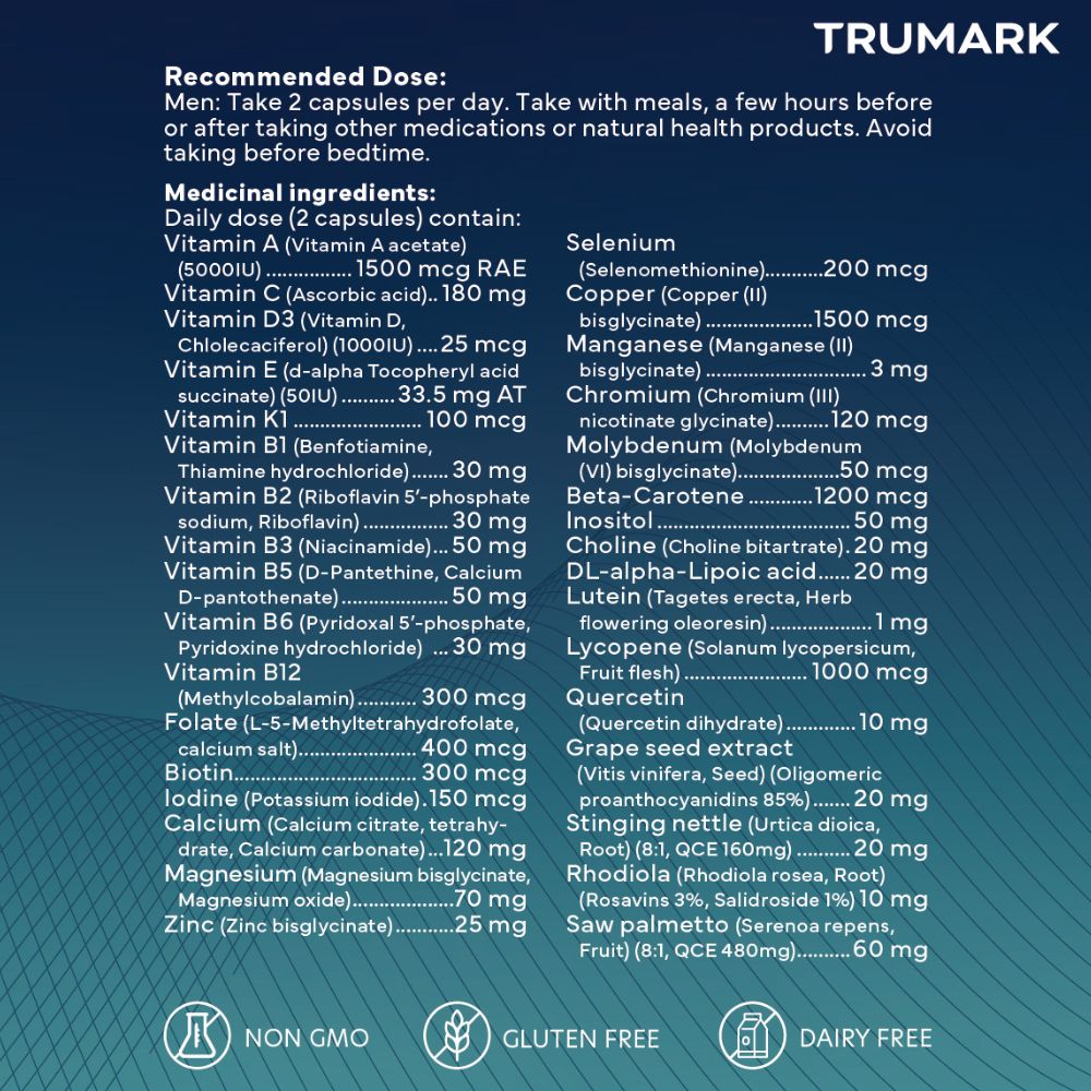TRU-MEN Methylated Multivitamin for Men, High Potency, Daily Energy, Heart, Cognitive, Immune Support, 120 Capsules, 60 Day Supply