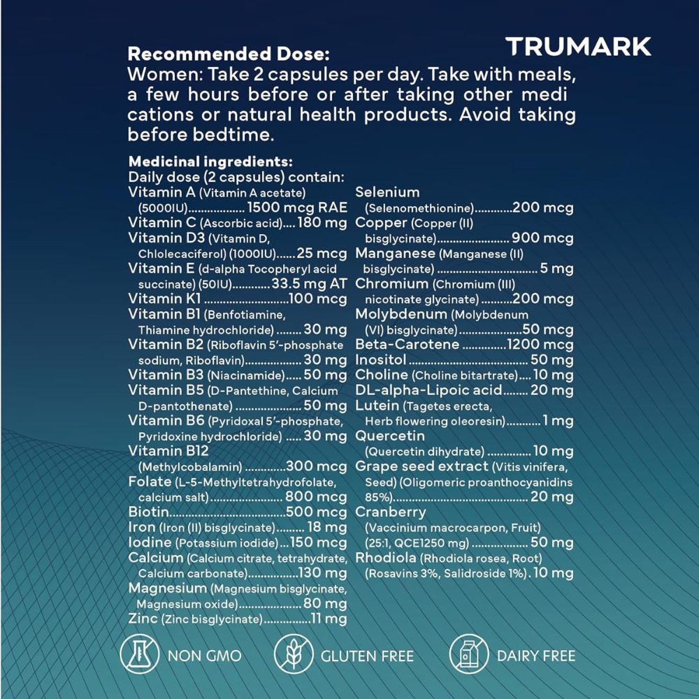 TRU-WOMEN Methylated Multivitamin for Women, Bioactive High Potency Daily Support for Energy, Mood, Hormones, Immunity, 120 Vegetable Capsules, 60 Day Supply